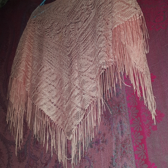 2/$25 Vintage Pink Crochet Lace Knit Fringe Poncho Top - Picture 8 of 11
